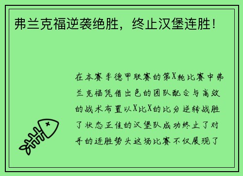 弗兰克福逆袭绝胜，终止汉堡连胜！